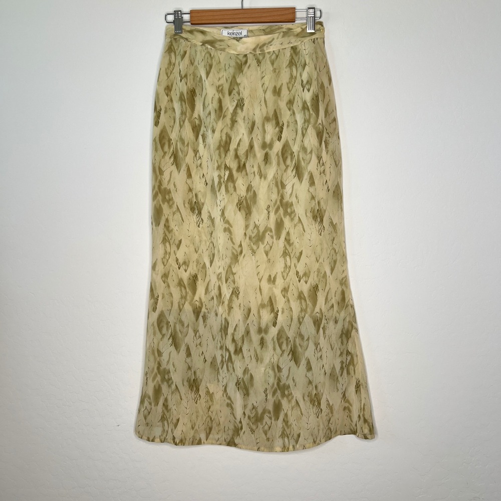 Kenzel Abstract Leaf Print Maxi Skirt Green Tan Lined Side Zip Womens 90s